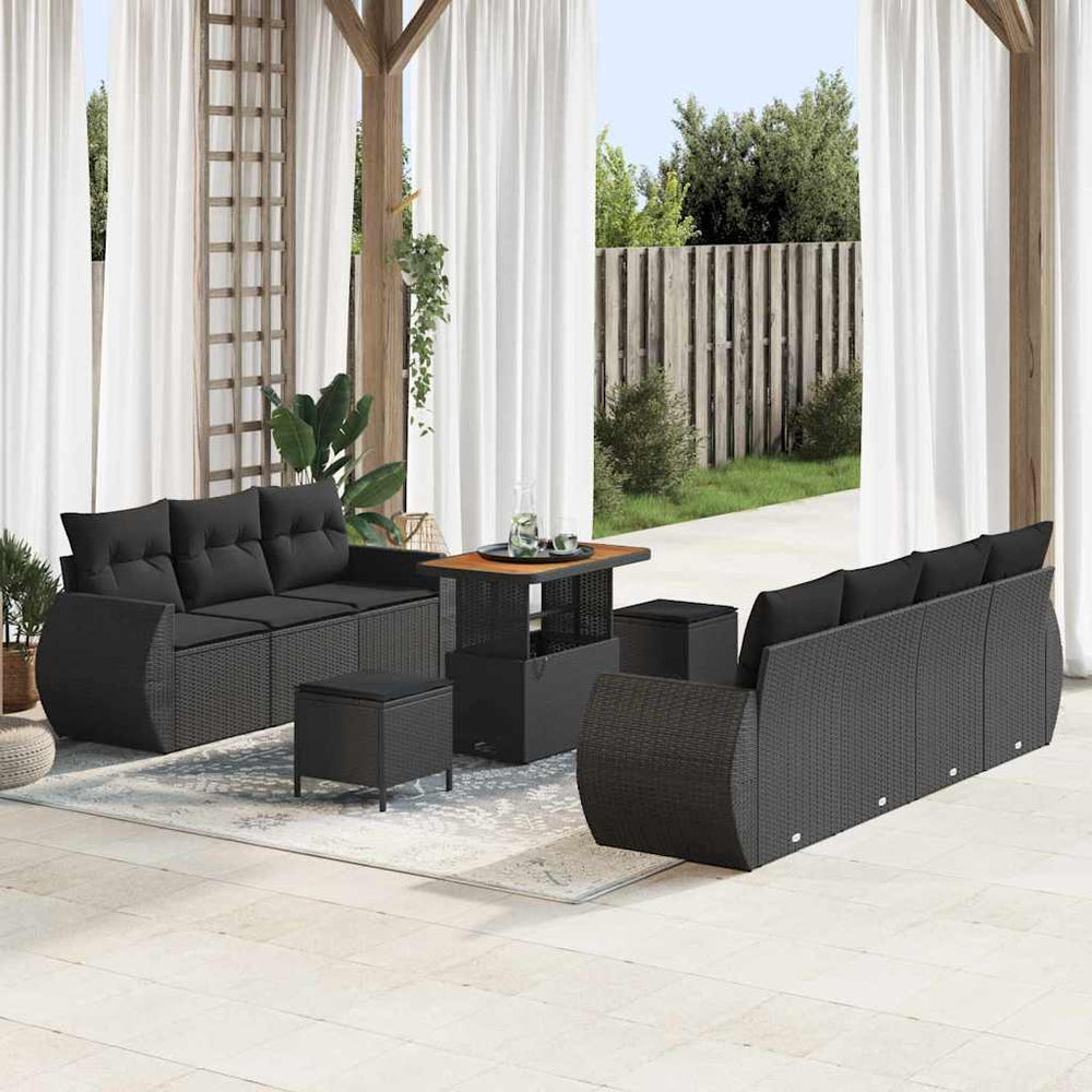 10 dalių sodo sofa komplektas su pagalvėlėmis Juodas Poli Ratanas Akacija - Namų Idėja