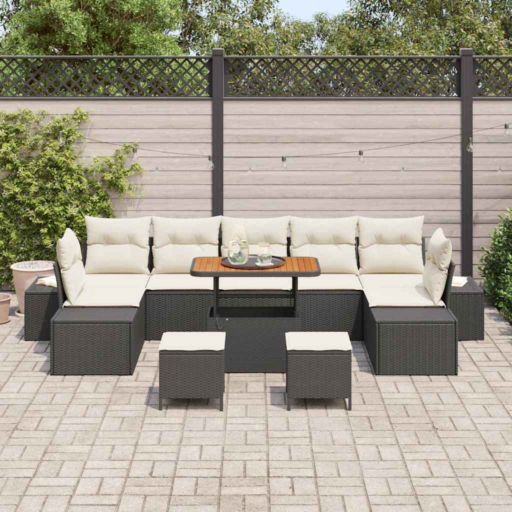 10 dalių sodo sofa komplektas su pagalvėlėmis Juodas Poliratanas Akacija - Namų Idėja