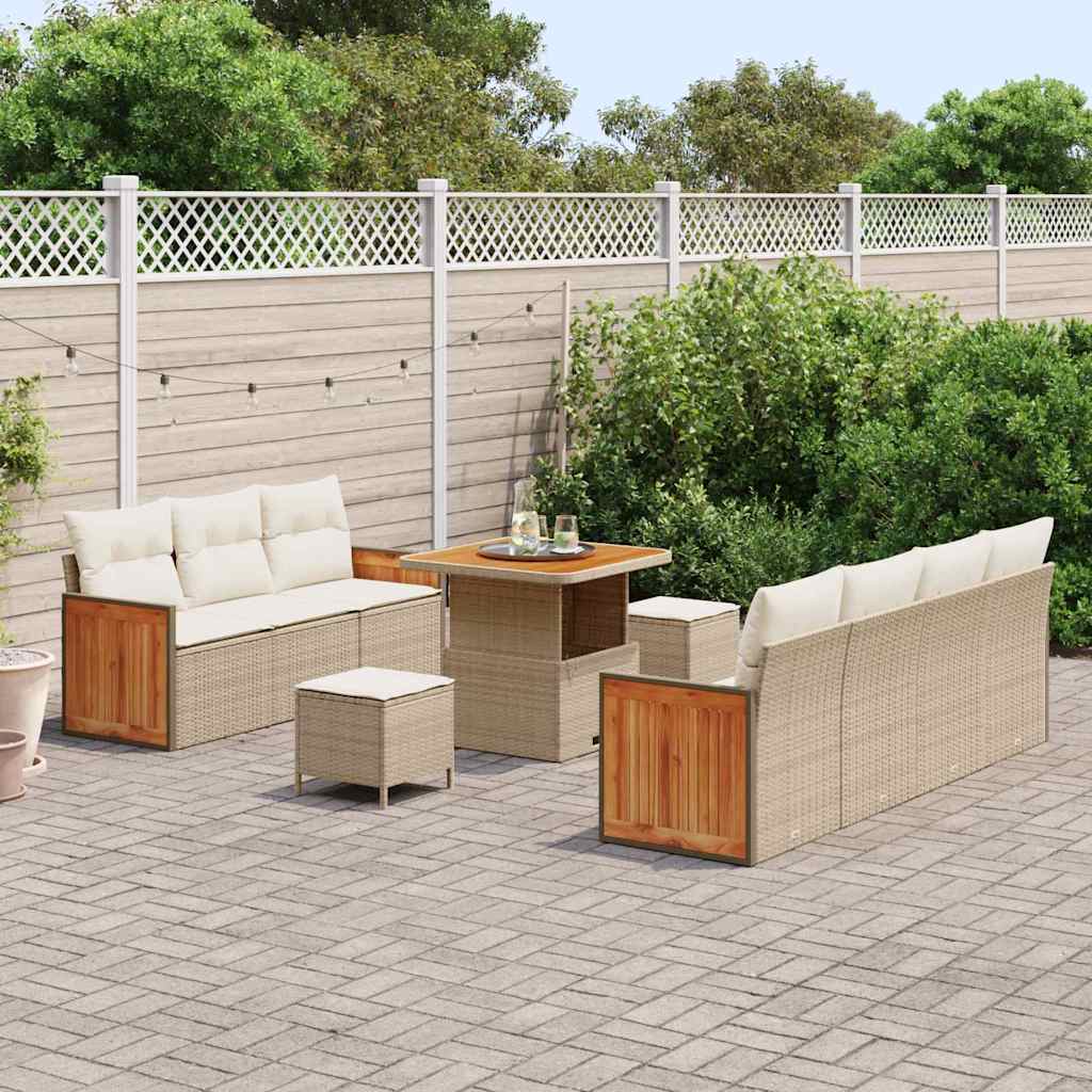 10 Dalių Sodo Sofa Komplektas su Pagalvėlėmis Smėlio Poli Rattan Akacija - Namų Idėja