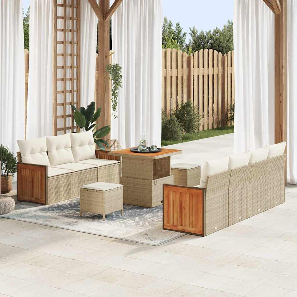 10 Dalių Sodo Sofa Komplektas su Pagalvėlėmis Smėlio Poli Rattan Akacija - Namų Idėja