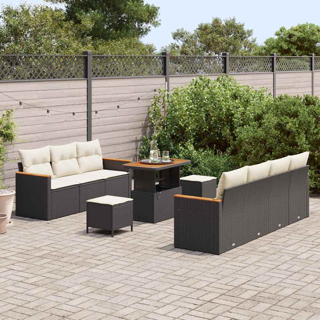 10 dalių sodo sofa komplektas su pagalvėmis Juoda Poli ratanas Akacija - Namų Idėja