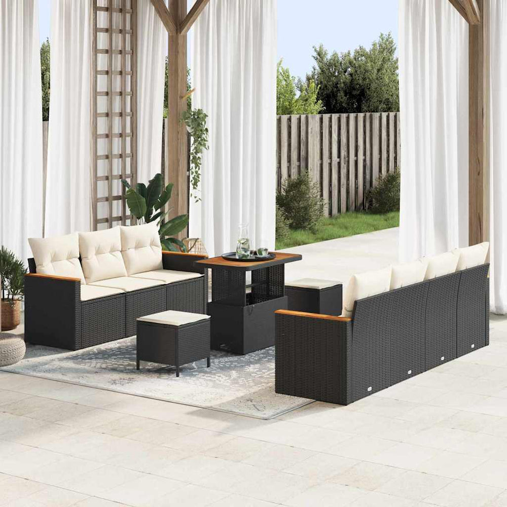 10 dalių sodo sofa komplektas su pagalvėmis Juoda Poli ratanas Akacija - Namų Idėja