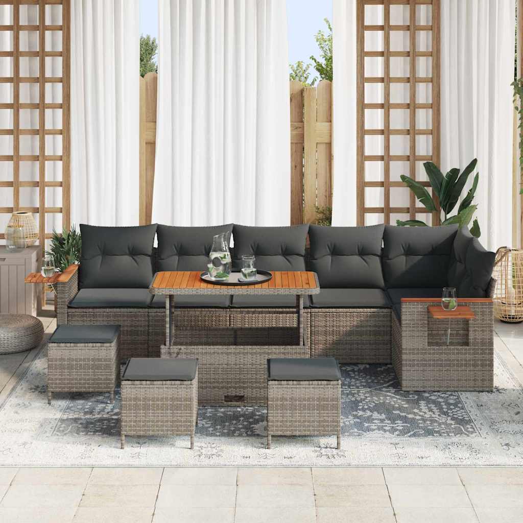 10 dalių sodo sofa komplektas su pagalvėmis Pilka Poli ratanas Akacija - Namų Idėja