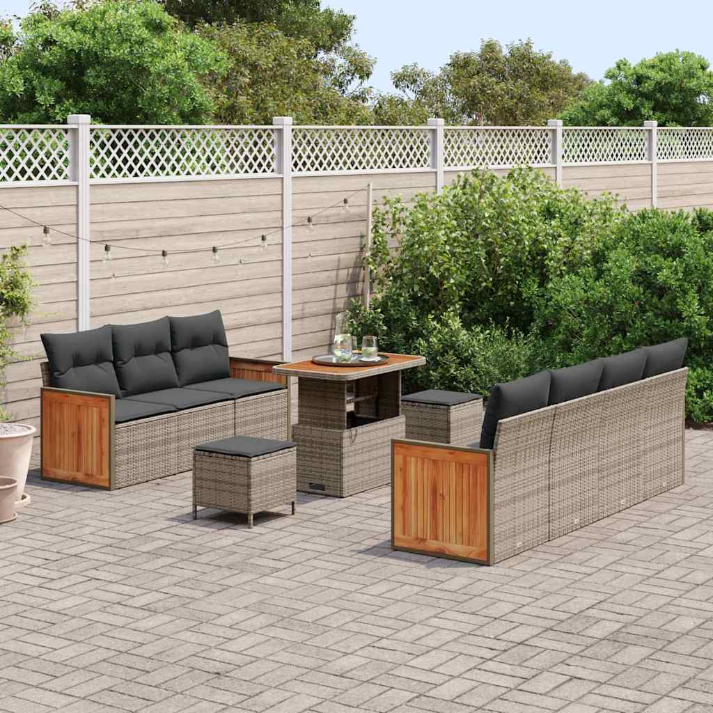 10 dalių sodo sofa komplektas su pagalvėmis pilka poli ratanas akacija - Namų Idėja