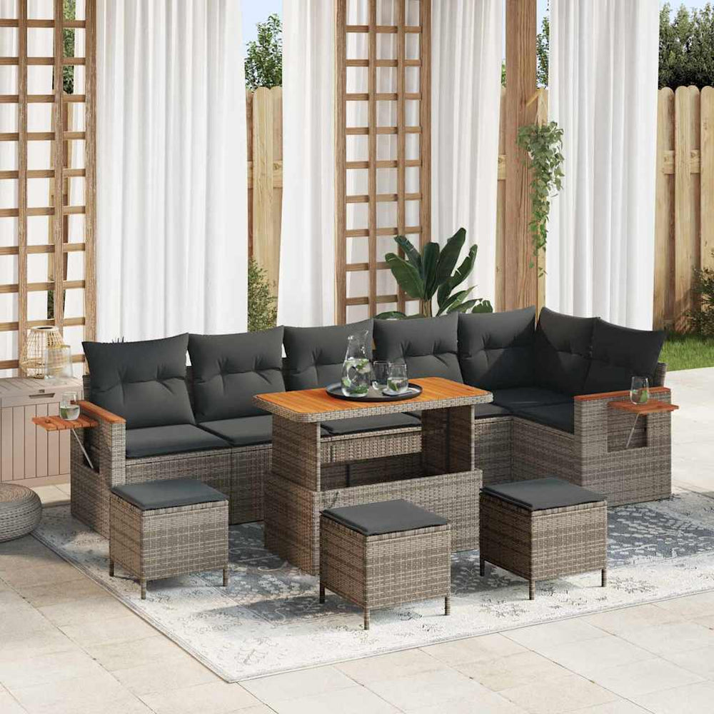 10 dalių sodo sofa komplektas su pagalvėmis Pilka Poli ratanas Akacija - Namų Idėja