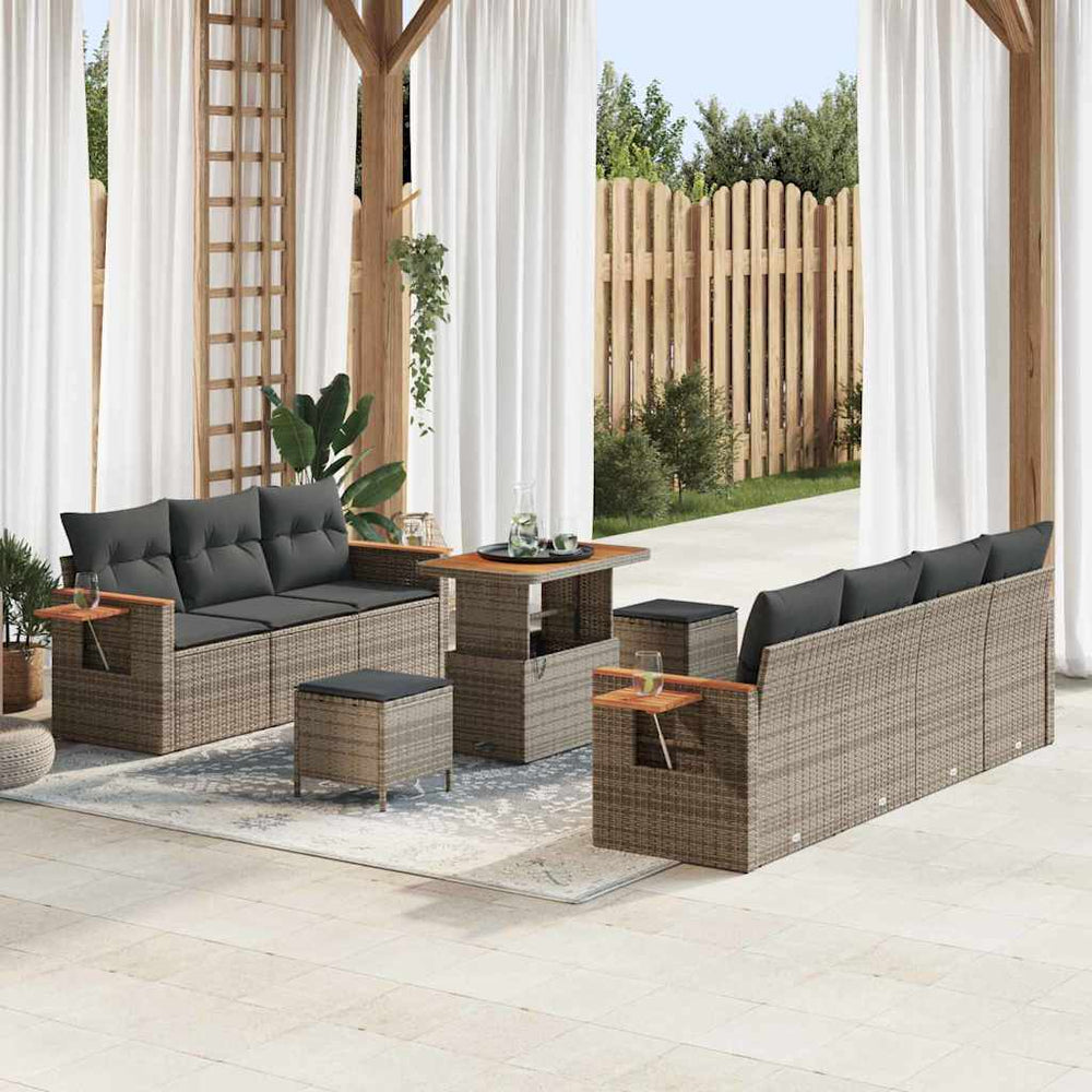 10 dalių sodo sofa komplektas su pagalvėmis Pilka Poli ratanas Akacija - Namų Idėja