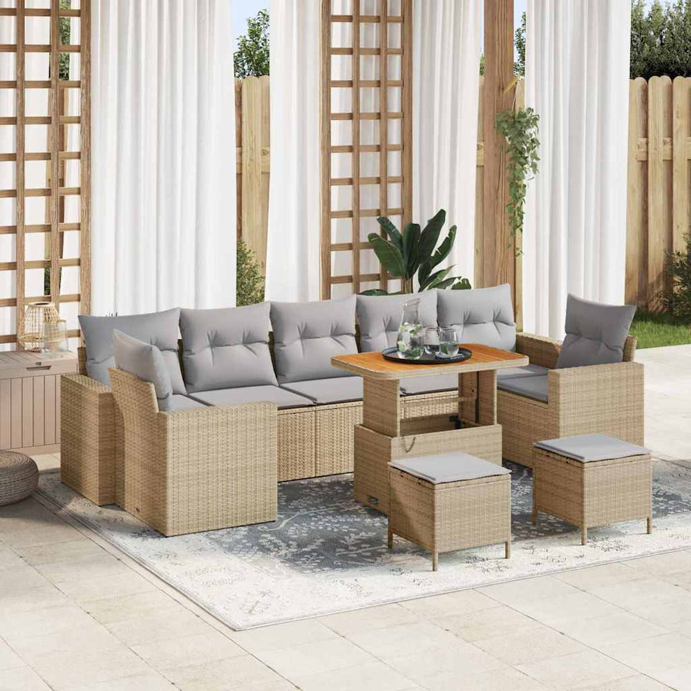 10 dalių sodo sofa komplektas su pagalvėmis Smėlio Poli ratanas Akacijos mediena - Namų Idėja