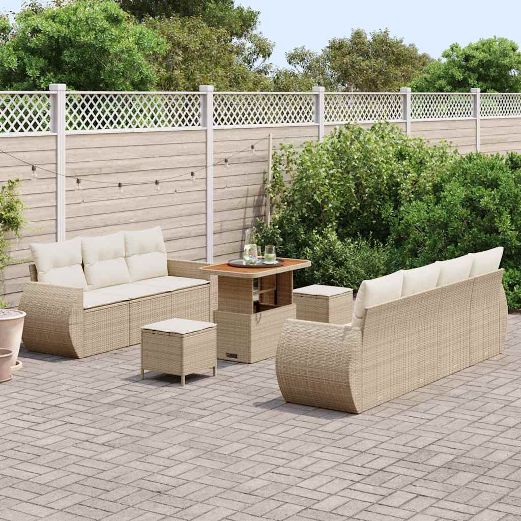 10 Dalių Sodo Sofa Komplektas su Pagalvėmis Smėlio Spalva Poli Ratanas Akacija - Namų Idėja