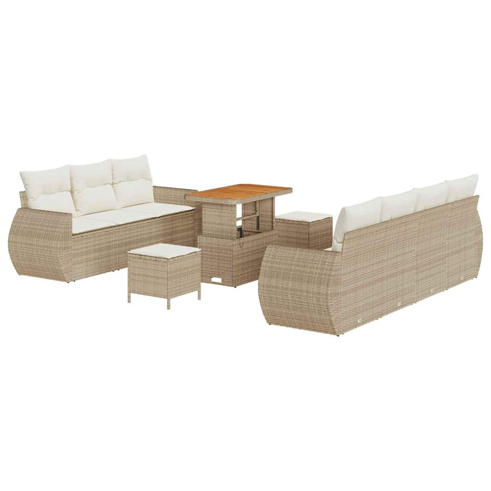 10 Dalių Sodo Sofa Komplektas su Pagalvėmis Smėlio Spalva Poli Ratanas Akacija - Namų Idėja