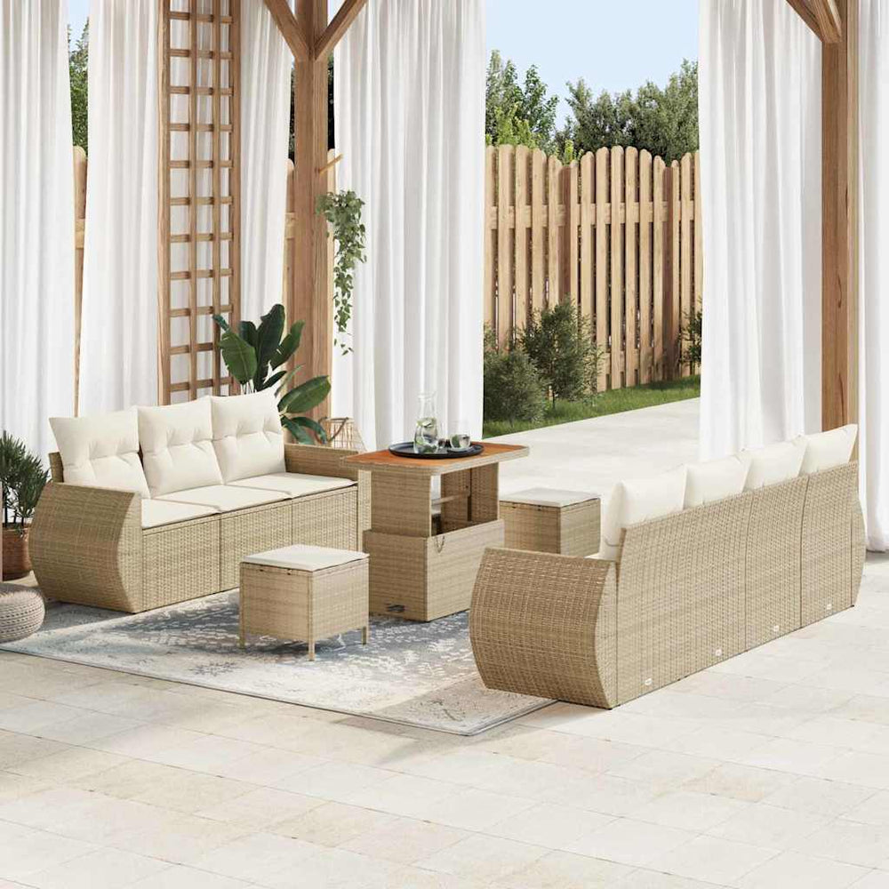 10 Dalių Sodo Sofa Komplektas su Pagalvėmis Smėlio Spalva Poli Ratanas Akacija - Namų Idėja