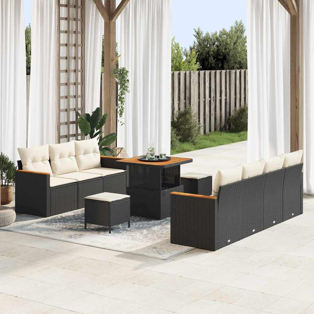 10 dalių sodo sofa rinkinys su pagalvėlėmis Juoda Poli Ratanas Akacija - Namų Idėja