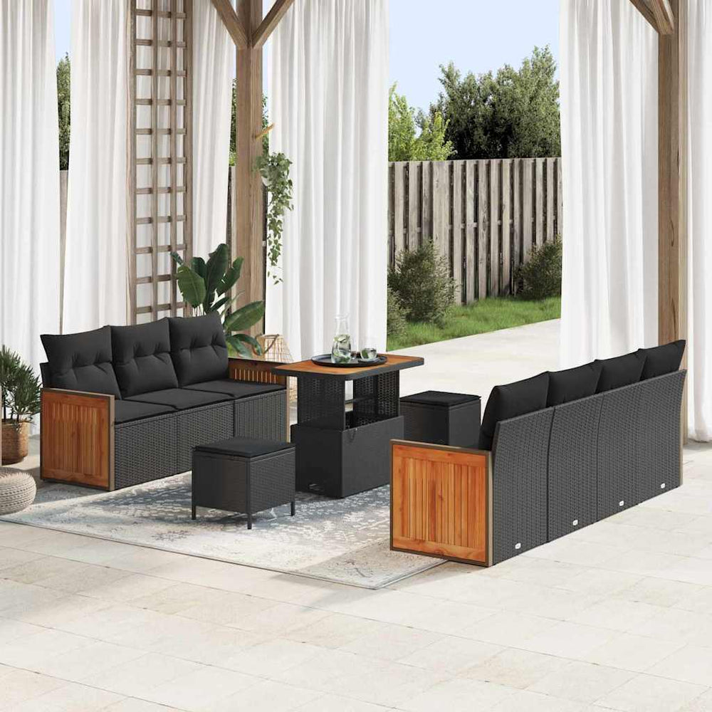10 Dalių Sodo Sofa Rinkinys Su Pagalvėlėmis Juodas Poli Ratanas Akacija - Namų Idėja