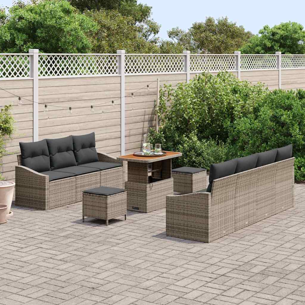 10 dalių Sodo Sofa Rinkinys su Pagalvėlėmis Pilka Poli Ratanas Akacija - Namų Idėja