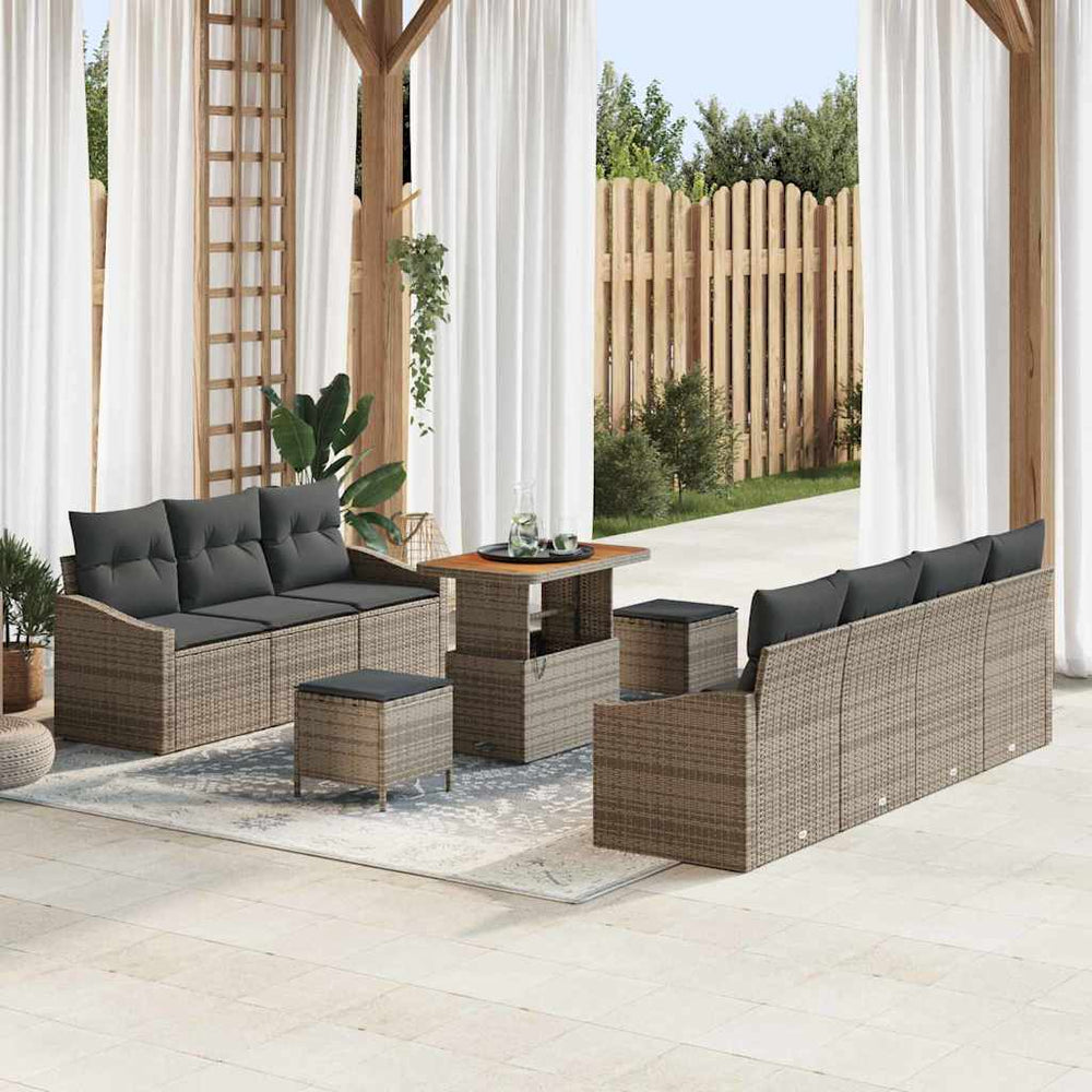 10 dalių Sodo Sofa Rinkinys su Pagalvėlėmis Pilka Poli Ratanas Akacija - Namų Idėja