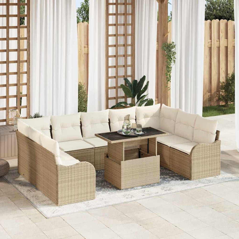 10 dalių sodo sofa rinkinys su pagalvėlėmis Smėlio poli ratanas - Namų Idėja