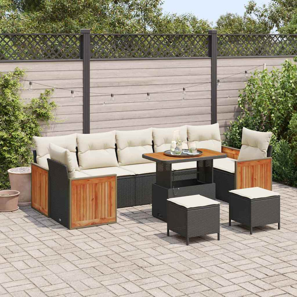10 dalių sodo sofa rinkinys su pagalvėmis Juodas Poliratanas Akacija - Namų Idėja