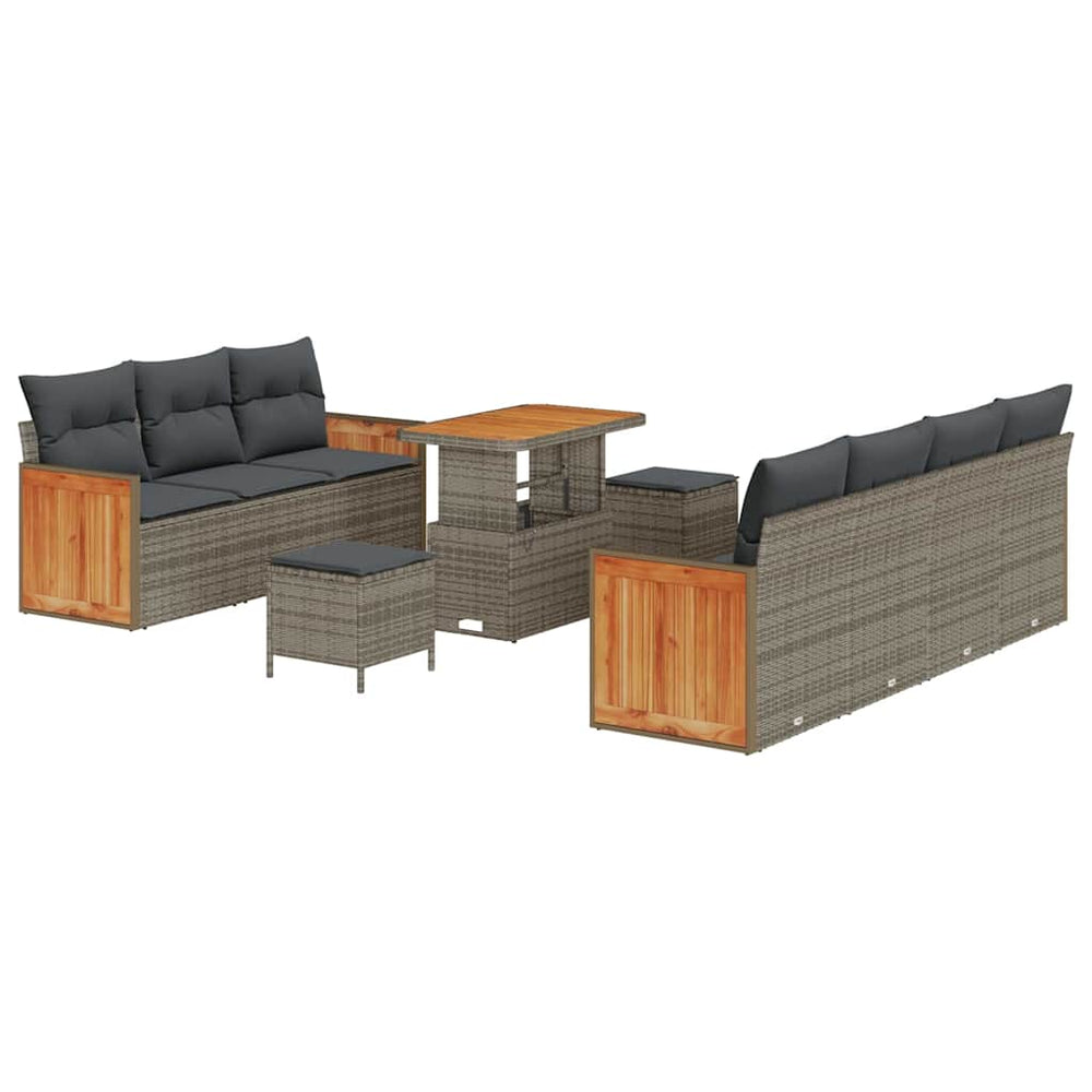 10 dalių sodo sofa rinkinys su pagalvėmis, pilkas poli ratanas, akacija - Namų Idėja