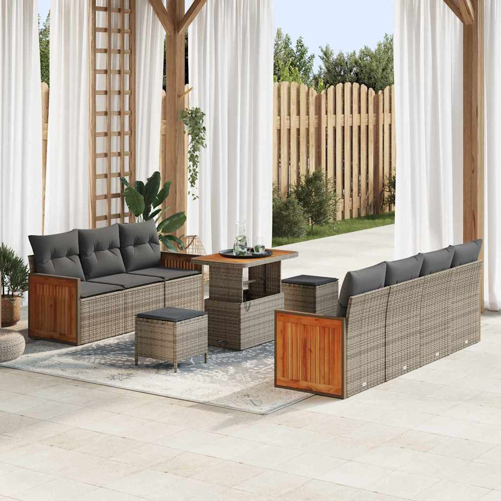 10 dalių sodo sofa rinkinys su pagalvėmis, pilkas poli ratanas, akacija - Namų Idėja
