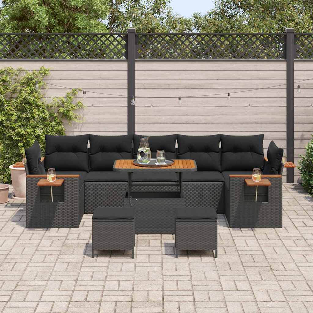 10 dalių sodo sofa su pagalvėmis, juodas poli ratanas akacija - Namų Idėja