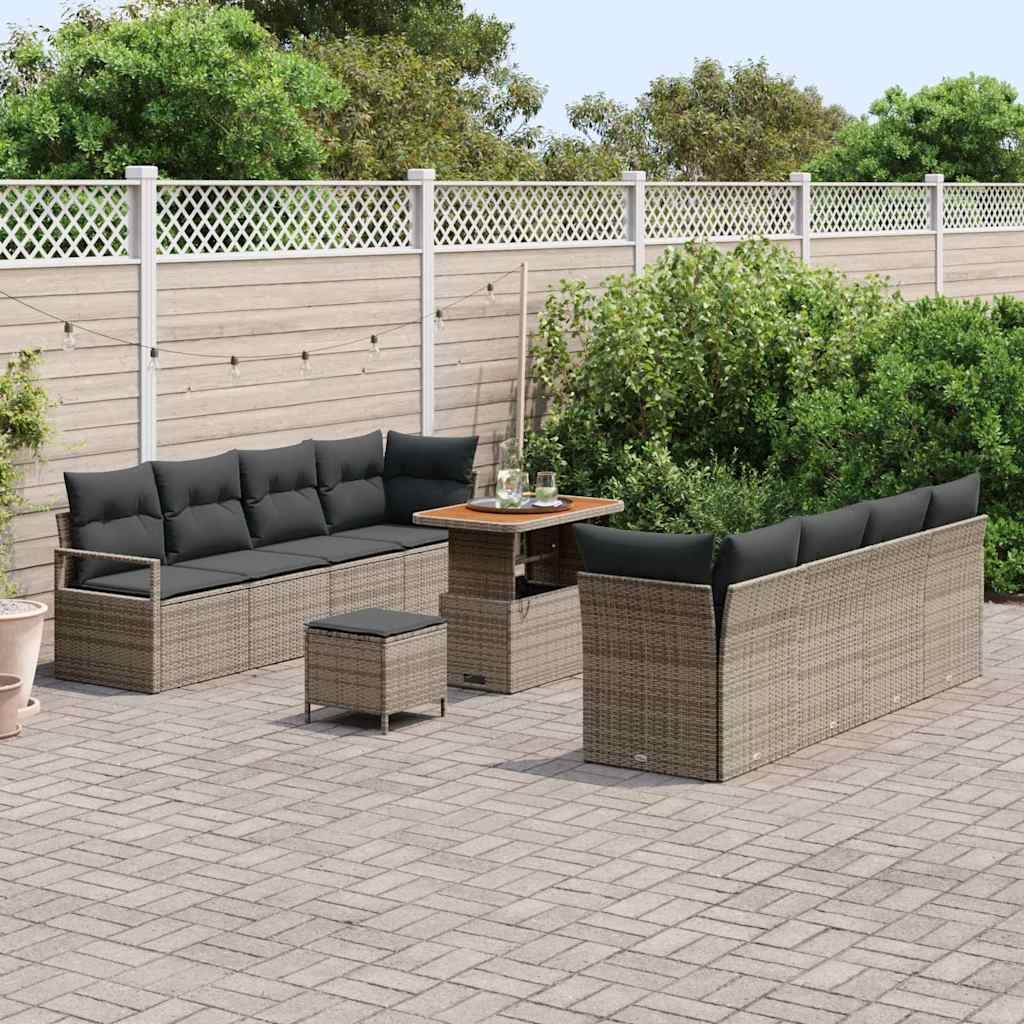 11 dalių Sodo Sofa Komplektas su Pagalvėlėmis Pilka Poli Ratanas Akacijos - Namų Idėja