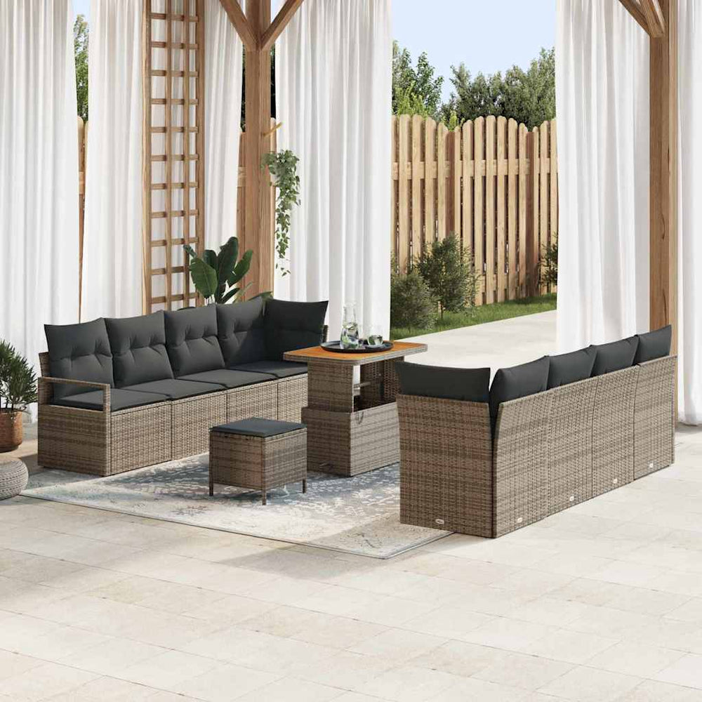 11 dalių Sodo Sofa Komplektas su Pagalvėlėmis Pilka Poli Ratanas Akacijos - Namų Idėja