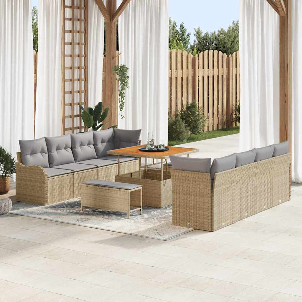 11 dalių sodo sofa komplektas su pagalvėlėmis, smėlio poli ratanas akacijos medžio - Namų Idėja