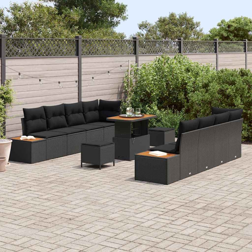 11 dalių sodo sofa komplektas su pagalvėmis Juoda Poli ratanas Akacija - Namų Idėja