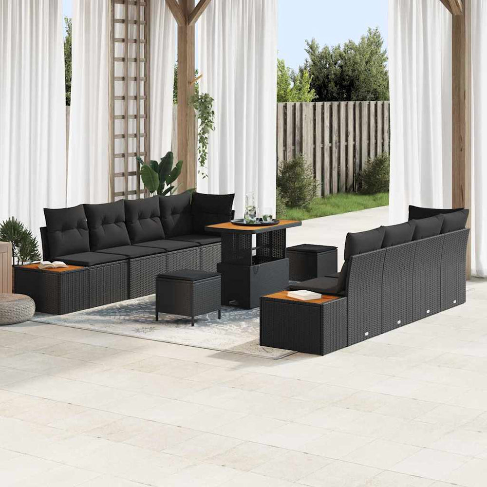 11 dalių sodo sofa komplektas su pagalvėmis Juoda Poli ratanas Akacija - Namų Idėja