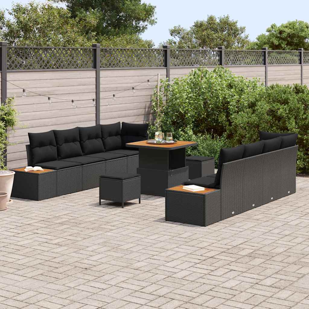 11 dalių sodo sofa komplektas su pagalvėmis juodas poli ratanas akacija - Namų Idėja