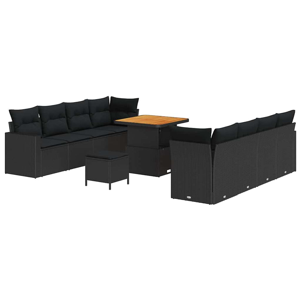 11 dalių sodo sofa komplektas su pagalvėmis Juodas Poliratanas Akacija - Namų Idėja