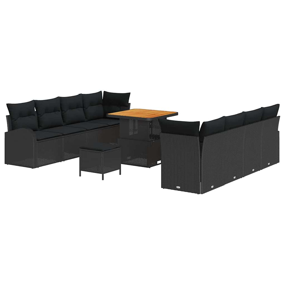 11 dalių sodo sofa komplektas su pagalvėmis Juodas Poliratanas Akacija - Namų Idėja