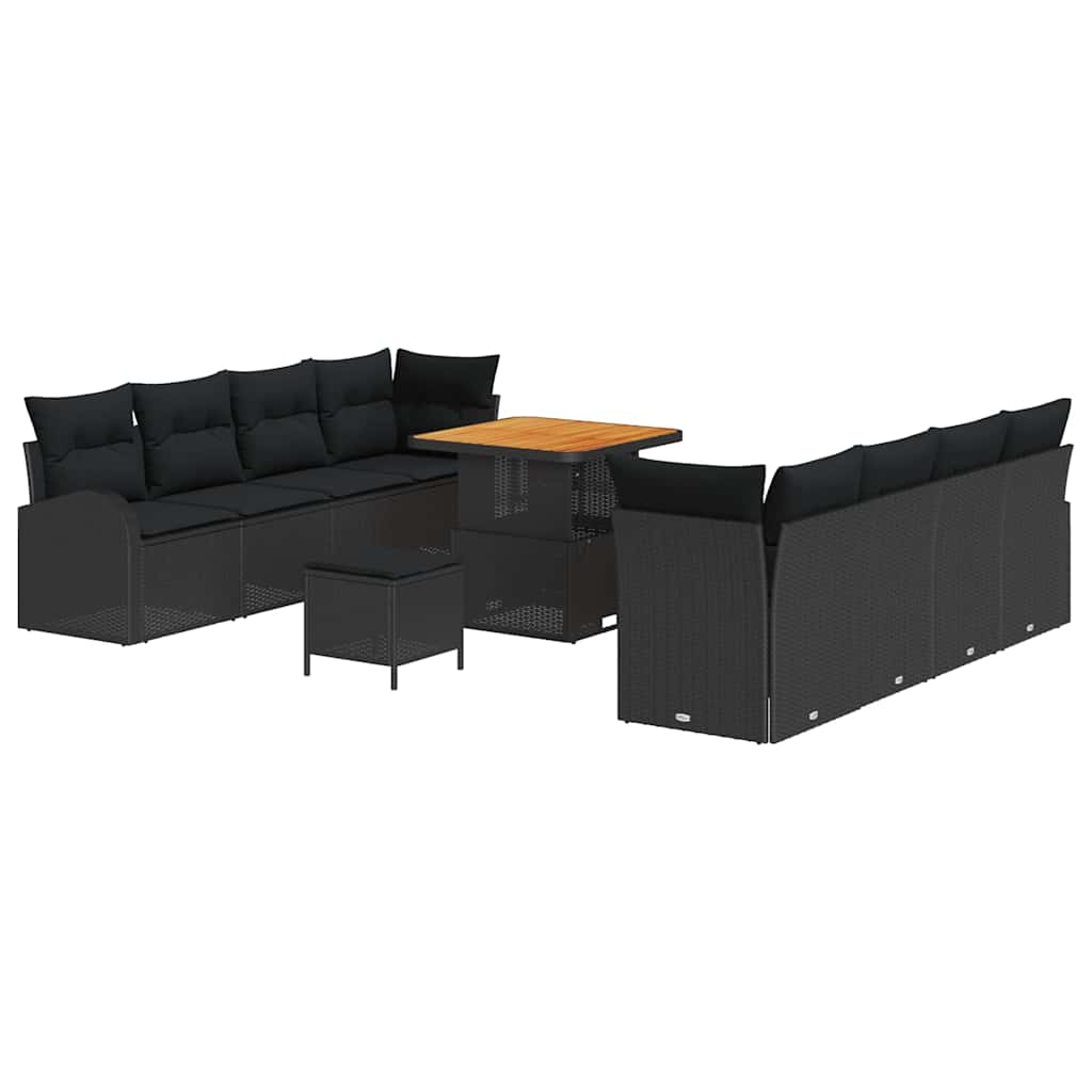 11 dalių sodo sofa komplektas su pagalvėmis Juodas Poliratanas Akacija - Namų Idėja