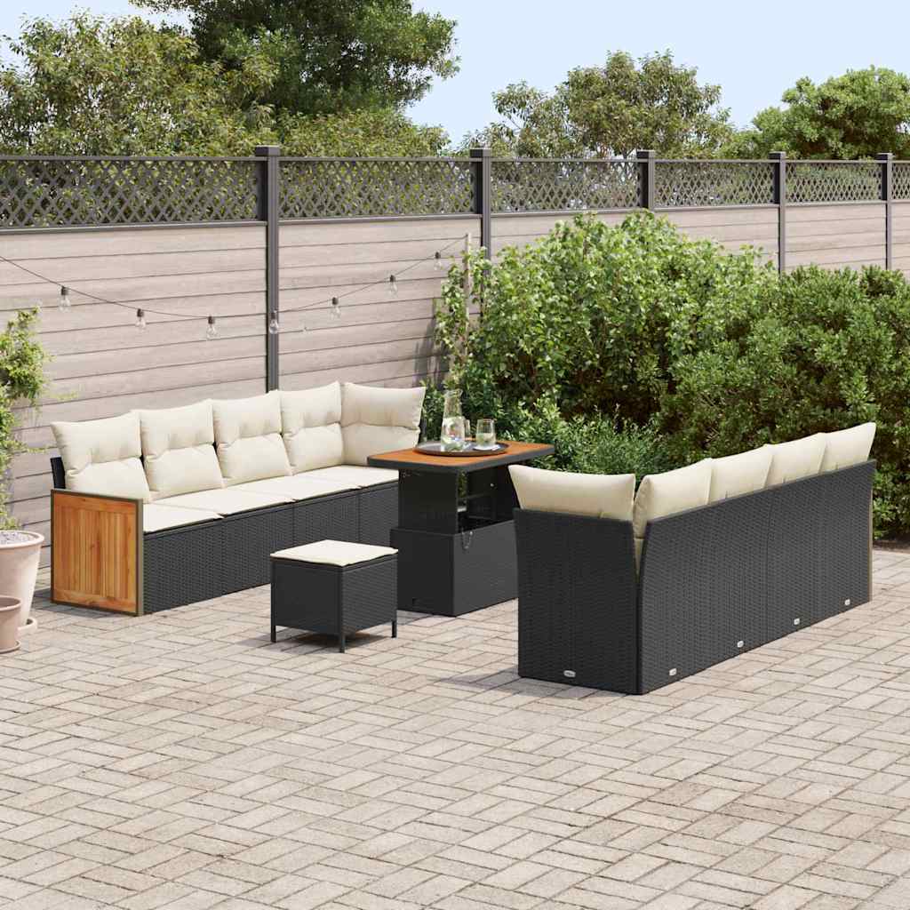 11 Dalių Sodo Sofa Rinkinys su Pagalvėlėmis Juoda Poli Ratanas Akacijos - Namų Idėja