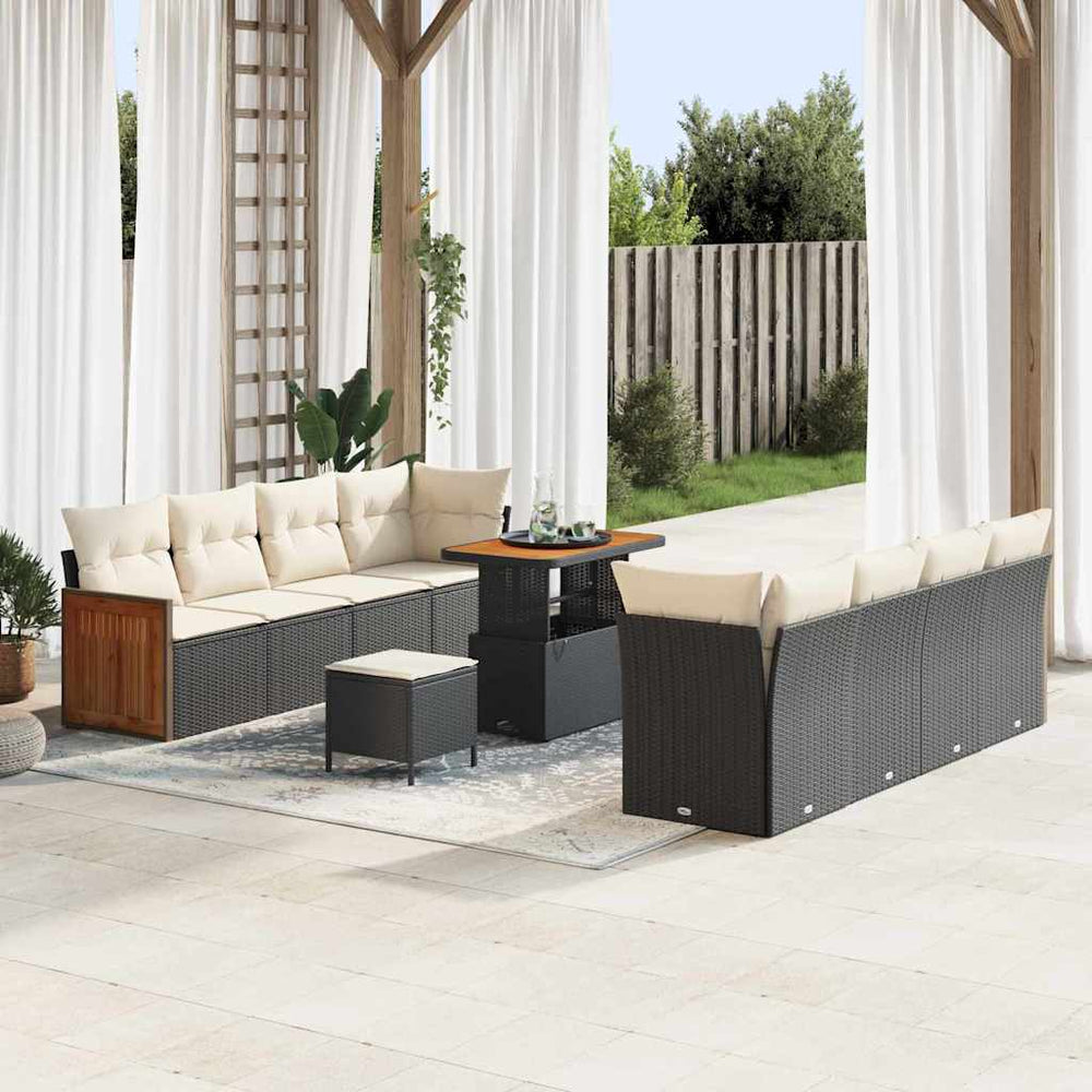 11 Dalių Sodo Sofa Rinkinys su Pagalvėlėmis Juoda Poli Ratanas Akacijos - Namų Idėja
