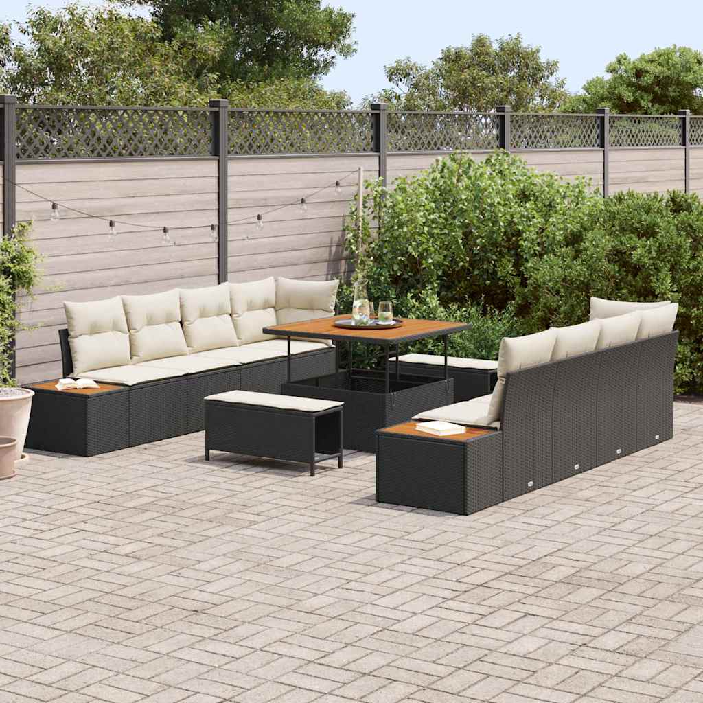 11 Dalių Sodo Sofa Rinkinys su Pagalvėlėmis Juoda Poli Ratanas Akacijos - Namų Idėja