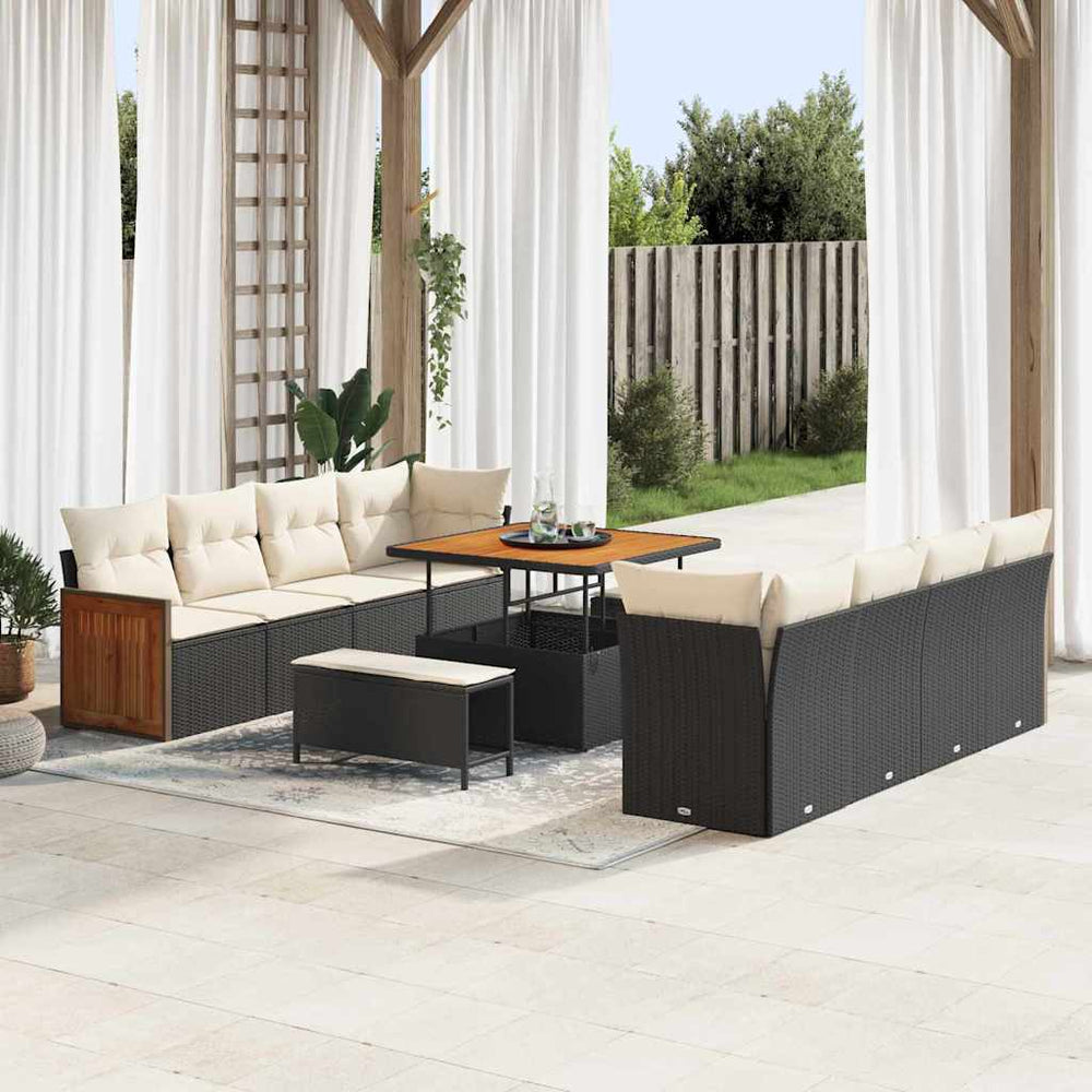11 Dalių Sodo Sofa Rinkinys su Pagalvėmis Juodas Poli Ratanas Akacija - Namų Idėja