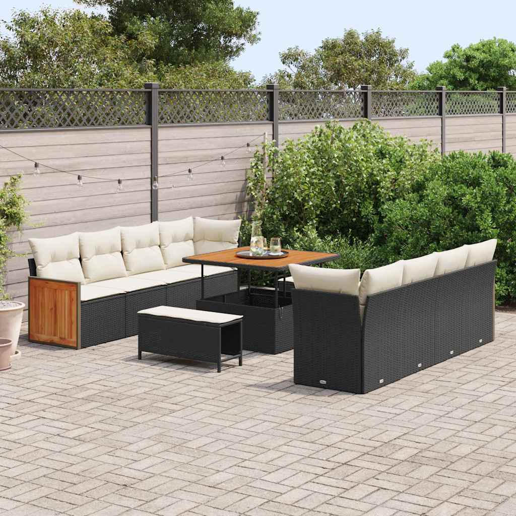 11 Dalių Sodo Sofa Rinkinys su Pagalvėmis Juodas Poli Ratanas Akacija - Namų Idėja