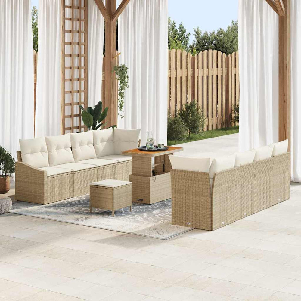 11 dalių Sodo Sofa Rinkinys su Pagalvėmis Smėlio Poli Ratanas Akacija - Namų Idėja