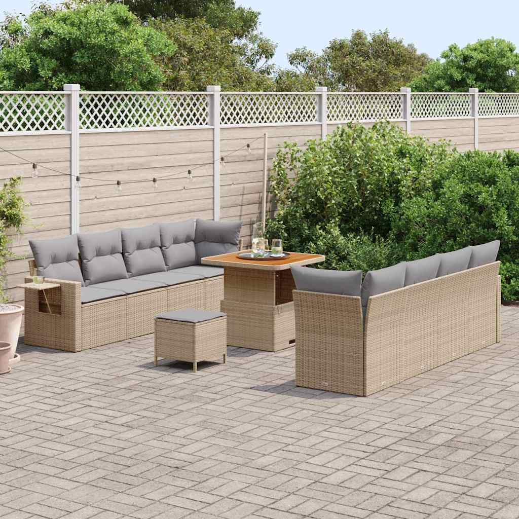 11 dalių sodo sofa - setas su pagalvėlėmis, smėlio poli ratanas, akacija - Namų Idėja
