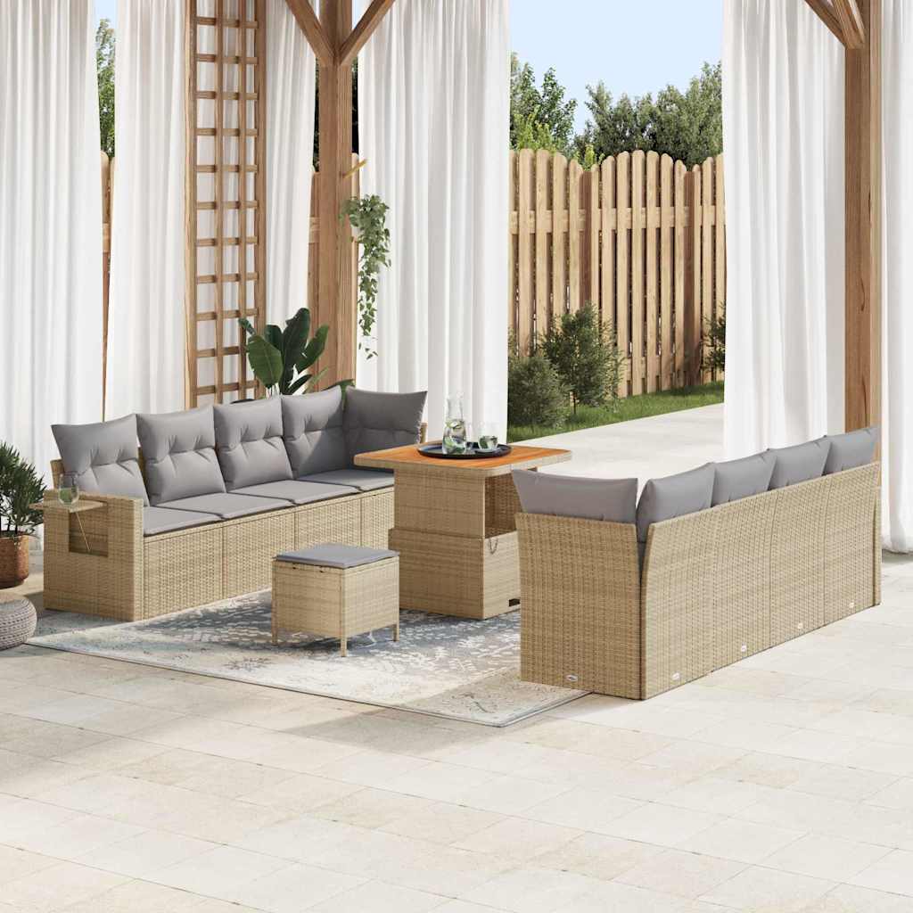 11 dalių sodo sofa - setas su pagalvėlėmis, smėlio poli ratanas, akacija - Namų Idėja
