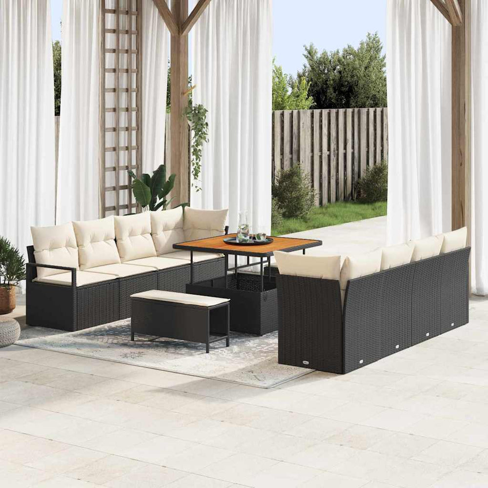 11 dalių Sodo Sofa su Pagalvėlėmis Juodas Poli Ratanas Akacija - Namų Idėja
