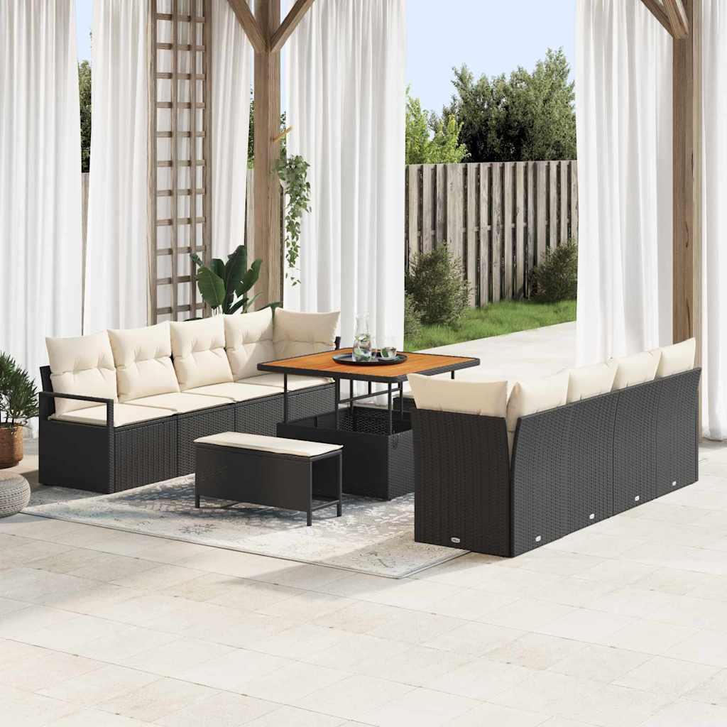 11 dalių Sodo Sofa su Pagalvėlėmis Juodas Poli Ratanas Akacija - Namų Idėja