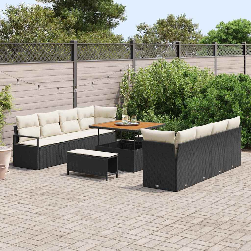 11 dalių Sodo Sofa su Pagalvėlėmis Juodas Poli Ratanas Akacija - Namų Idėja
