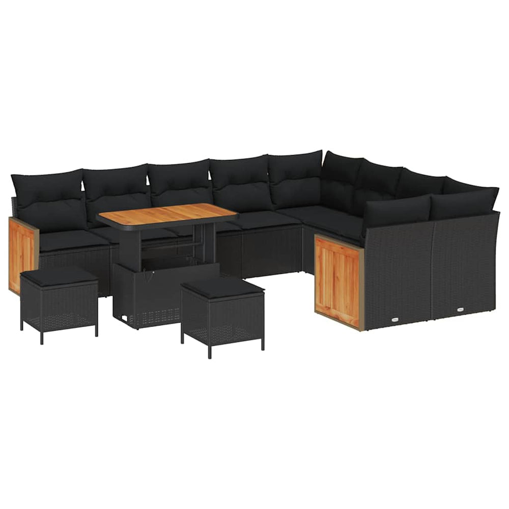 12 dalių sodo sofa komplektas su pagalvėlėmis Juoda Poliratanas Akacija - Namų Idėja