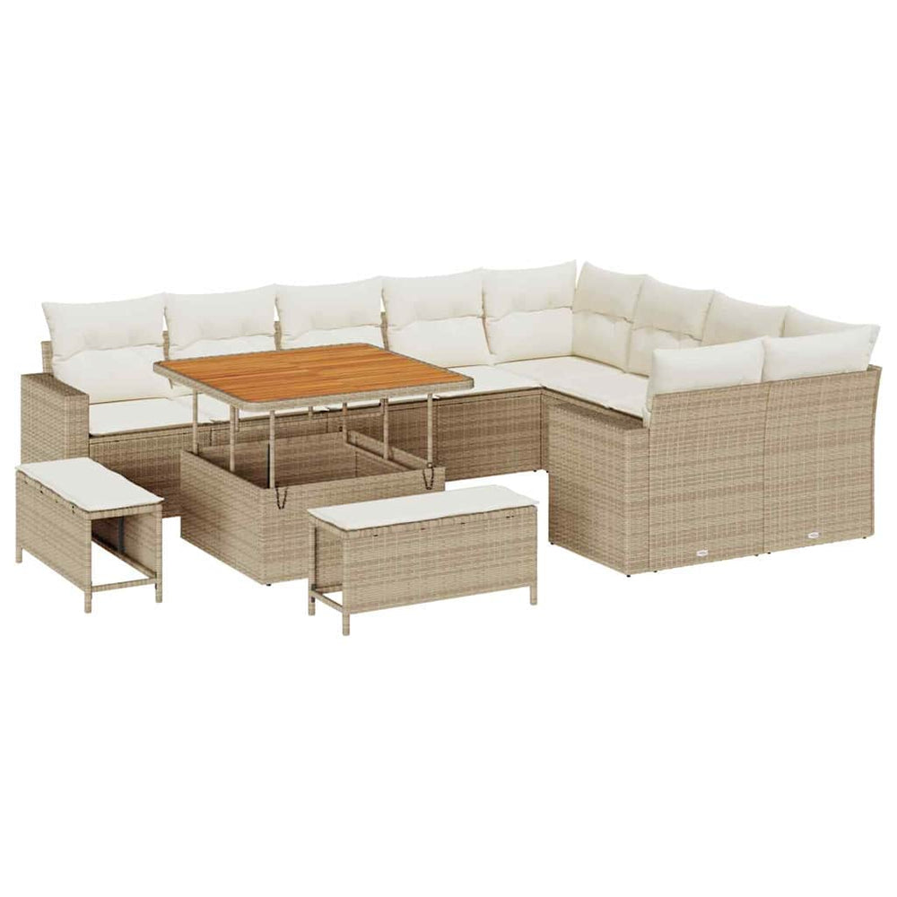 12 Dalių Sodo Sofa Komplektas su Pagalvėlėmis Kreminė Poli Ratanas Akacija - Namų Idėja