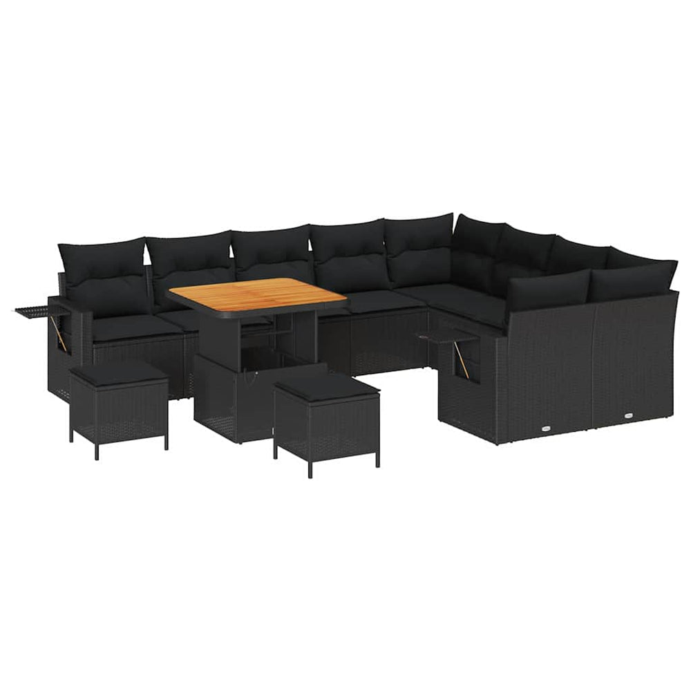 12 dalių sodo sofa komplektas su pagalvėmis Juoda Poli Ratanas Akacija - Namų Idėja