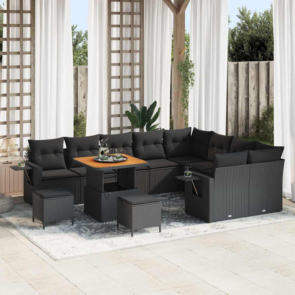 12 dalių sodo sofa komplektas su pagalvėmis Juoda Poli Ratanas Akacija - Namų Idėja