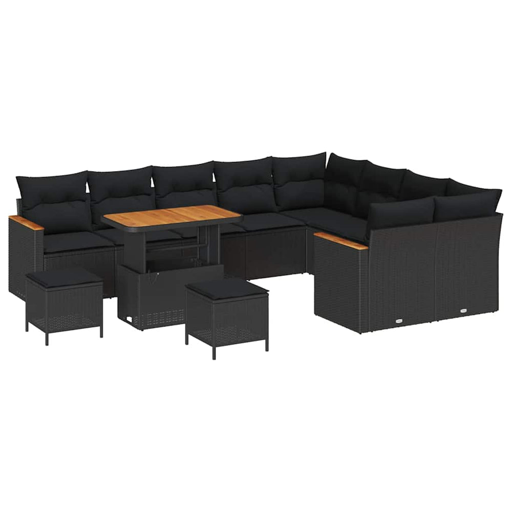 12 dalių sodo sofa komplektas su pagalvėmis Juodas poli ratanas akacijos mediena - Namų Idėja