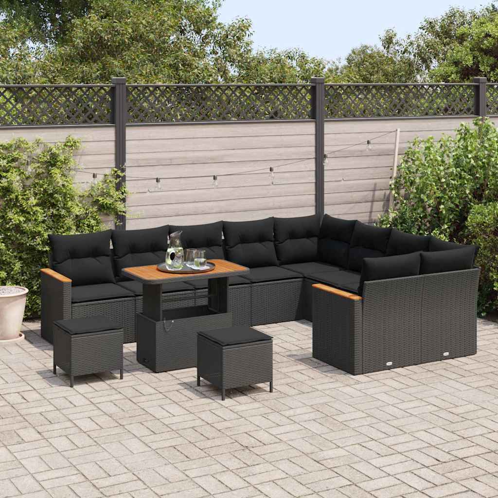 12 dalių sodo sofa komplektas su pagalvėmis Juodas poli ratanas akacijos mediena - Namų Idėja