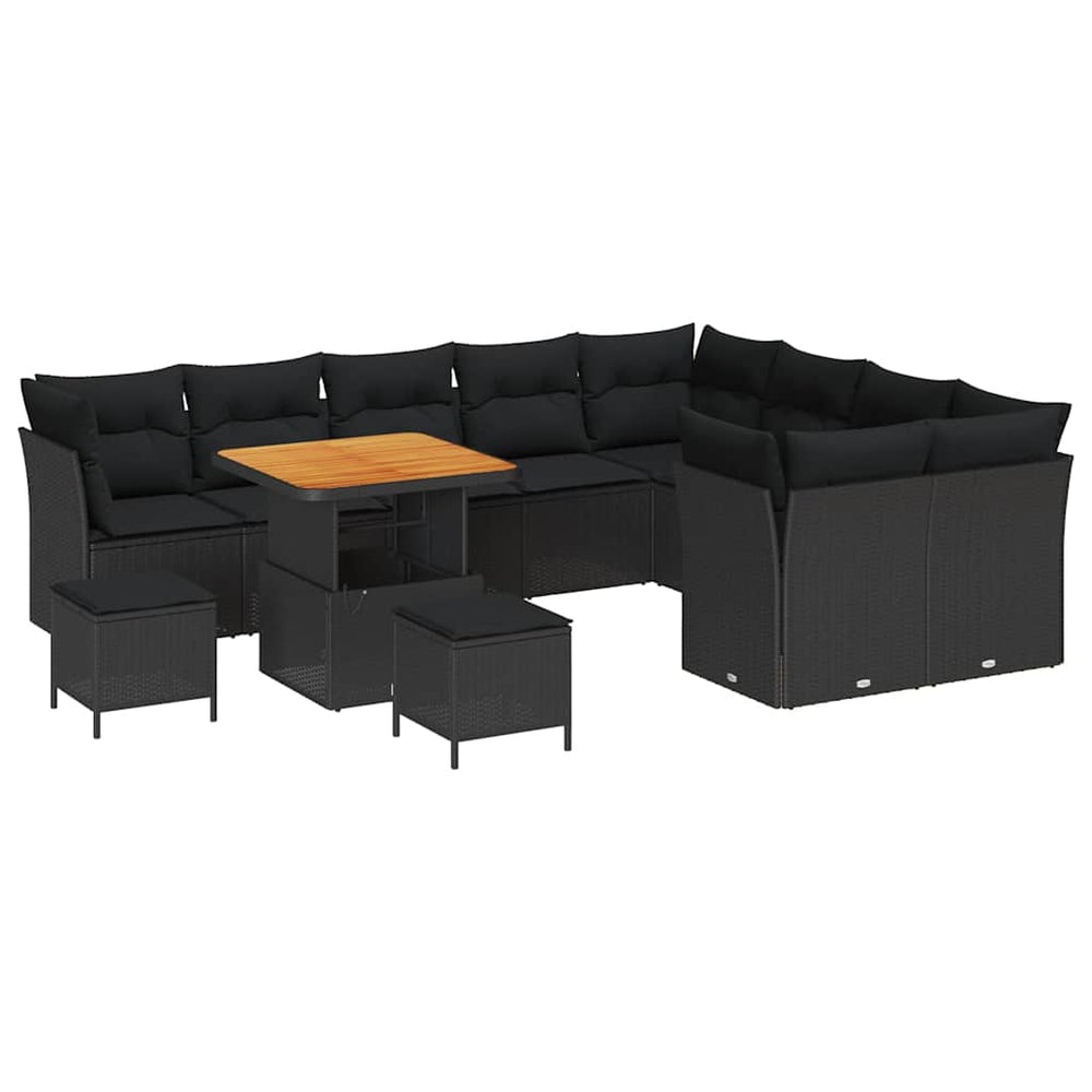12 Dalių Sodo Sofa Komplektas su Pagalvėmis Juodas Poliratanas Akacija - Namų Idėja